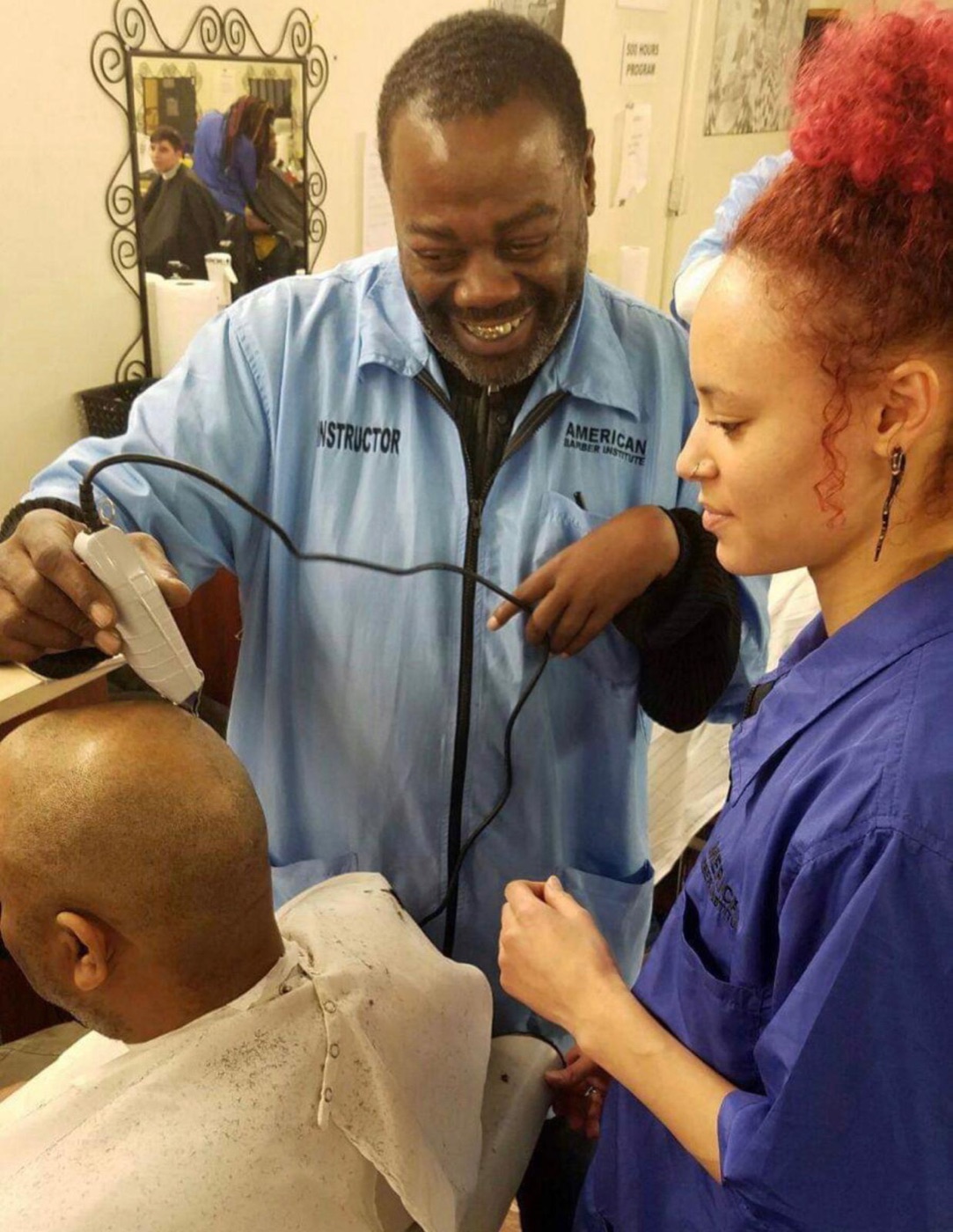 Instructor and student grooming client