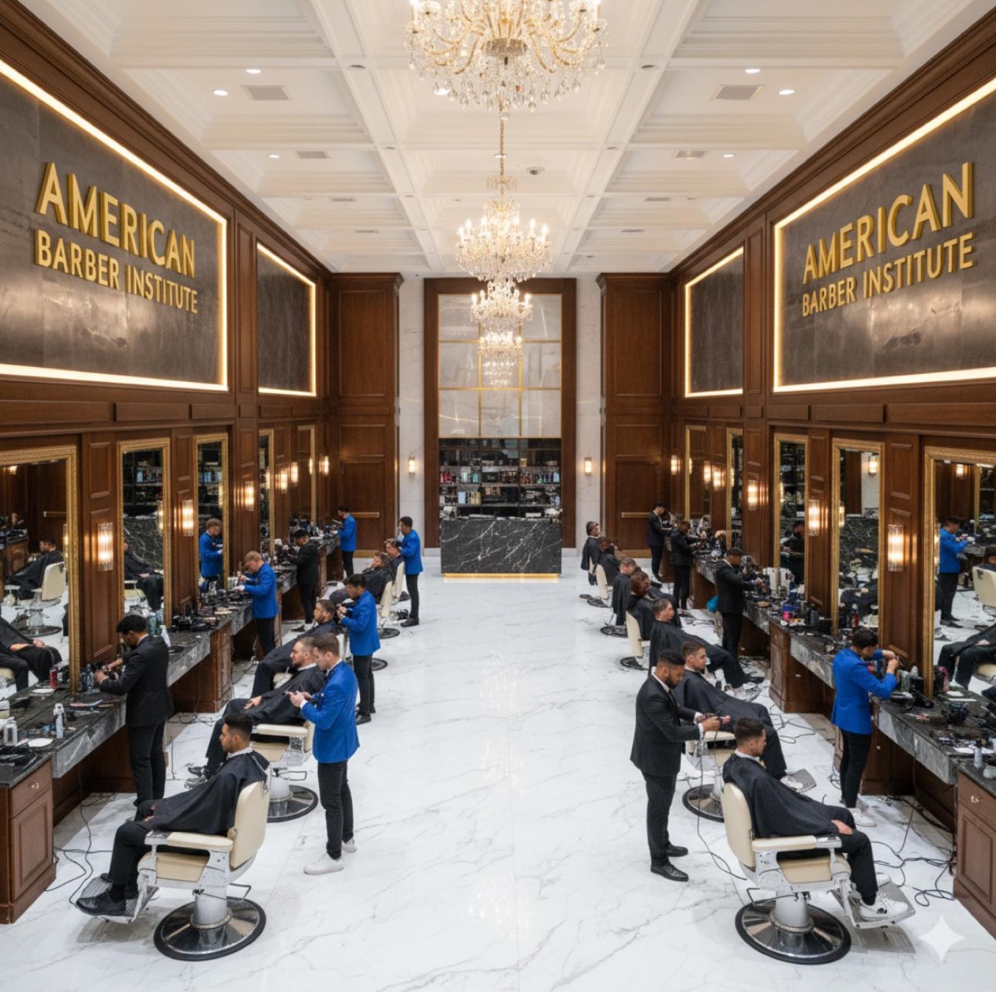 A full class of ABI students during a live cutting demonstration at the Manhattan campus